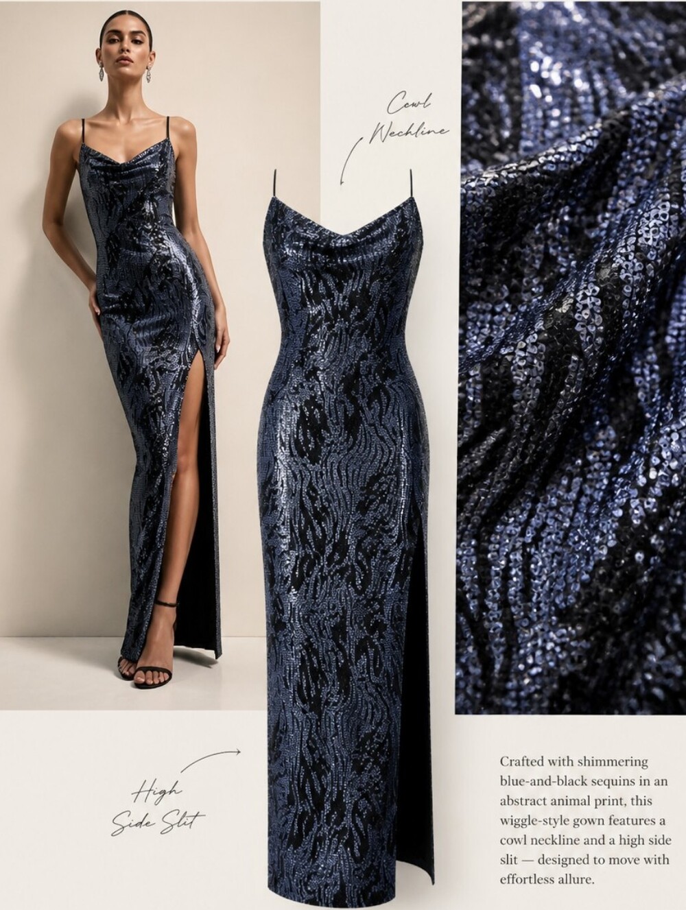 bebe long sequin dress high side slit cowl neckline zebra print blue black large